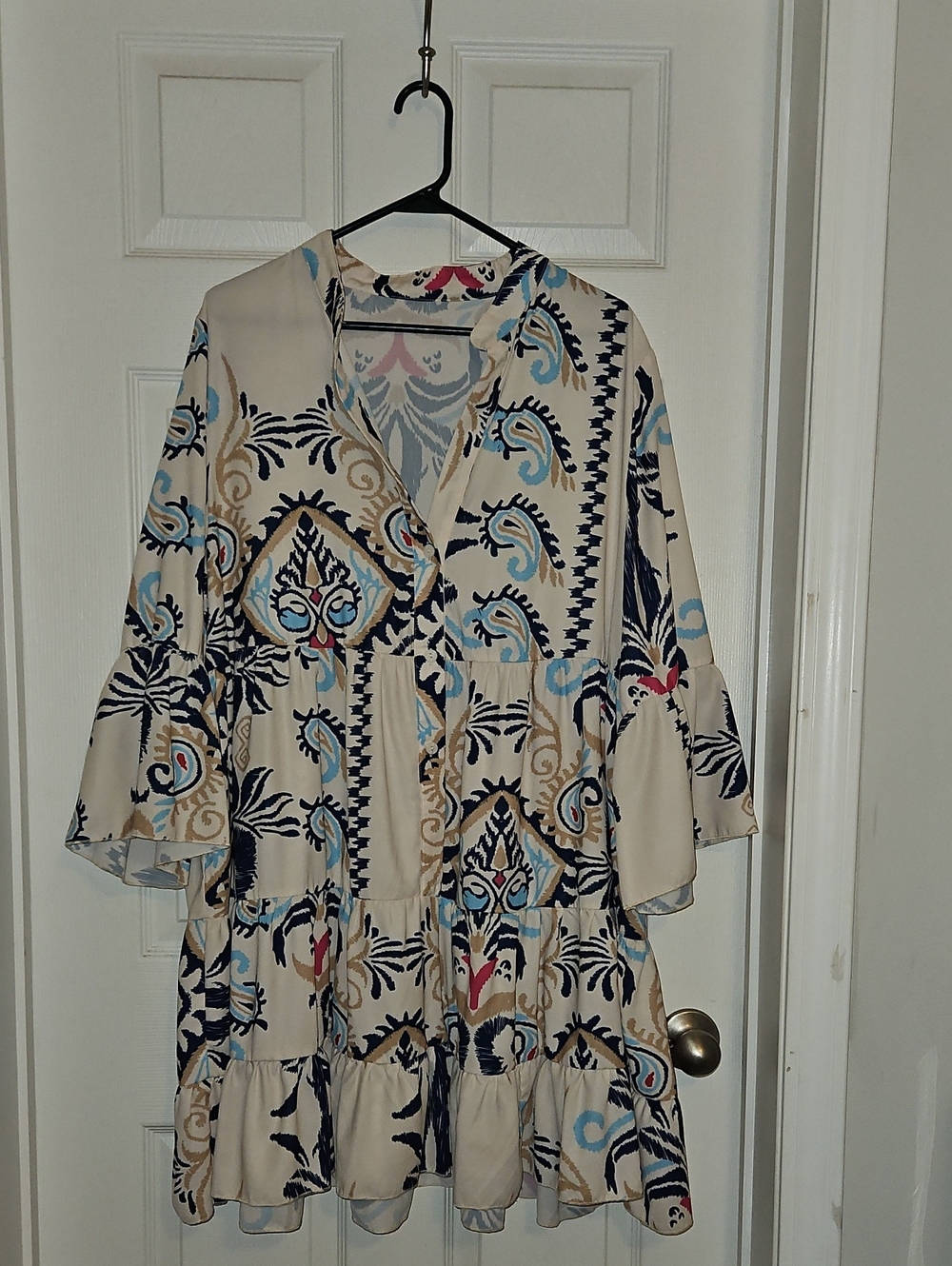 Boho Tiered Midi Dress in Cream with Blue & Navy Print